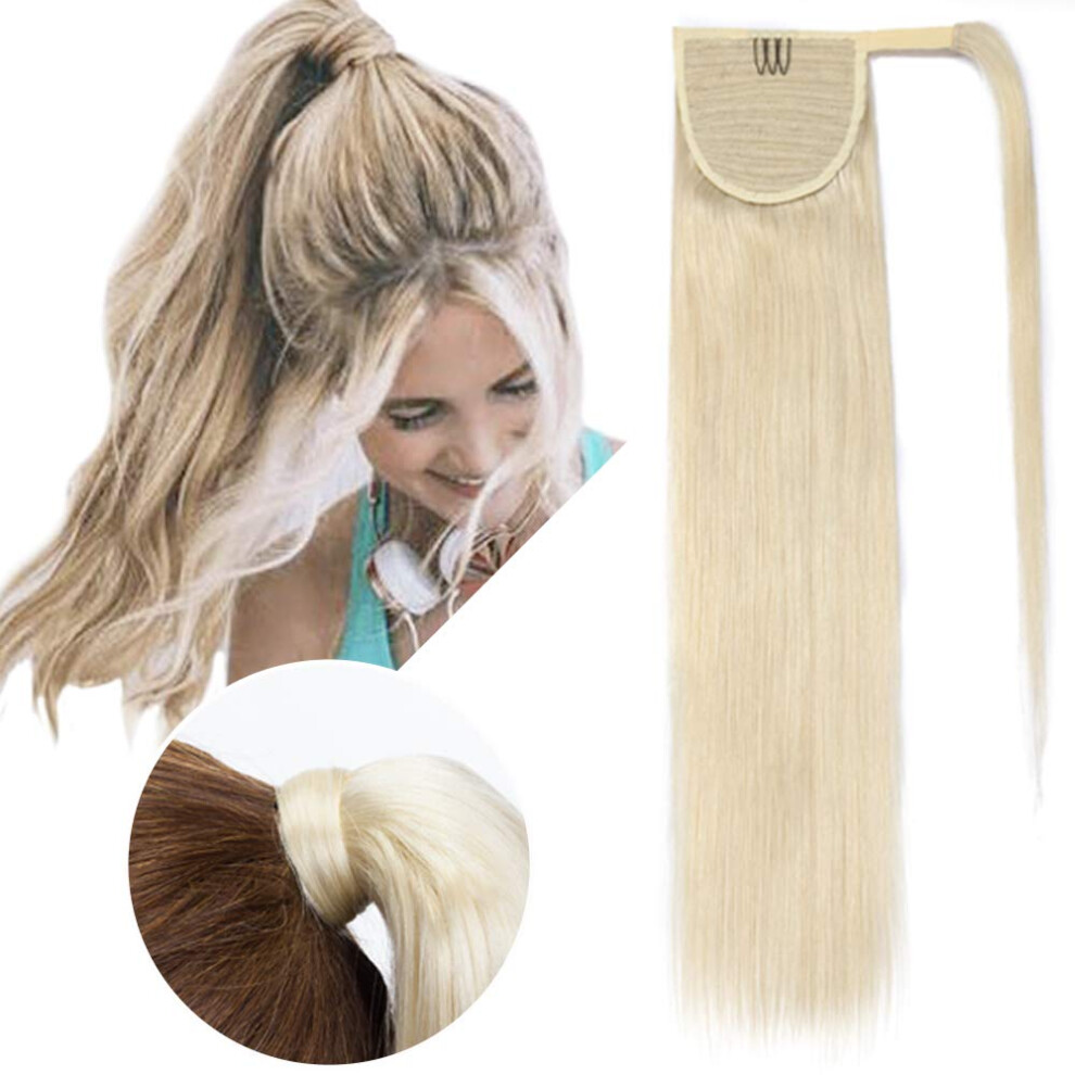 Unisex Silver 18 Inch Platinum Blonde Human Hair Ponytail Extension 90G Wrap Around Real Hair For Women Straight Silky