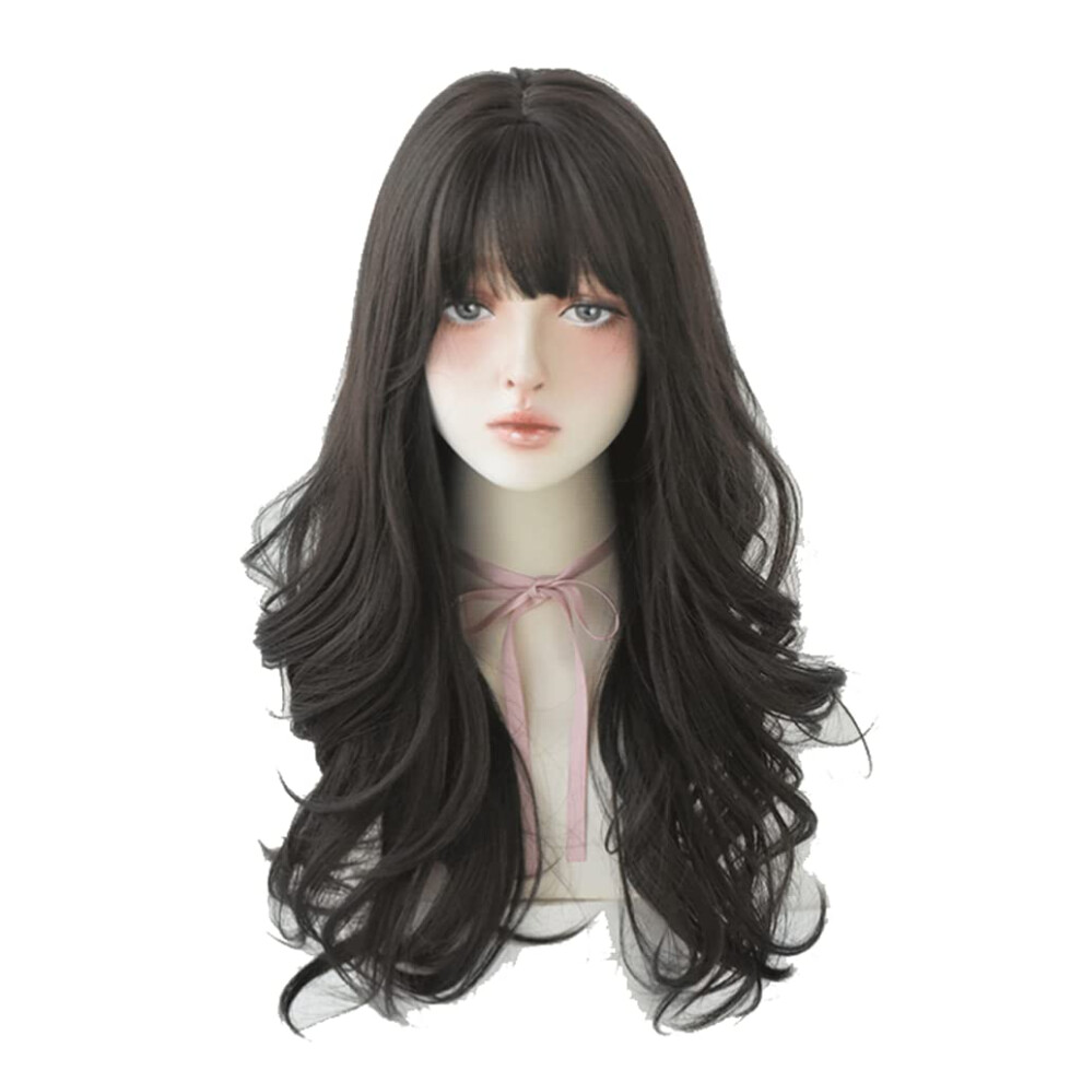 Unisex Brown Wig Long Wavy With Bangs Natural Matte Finish Tangle Resistant Synthetic For Women
