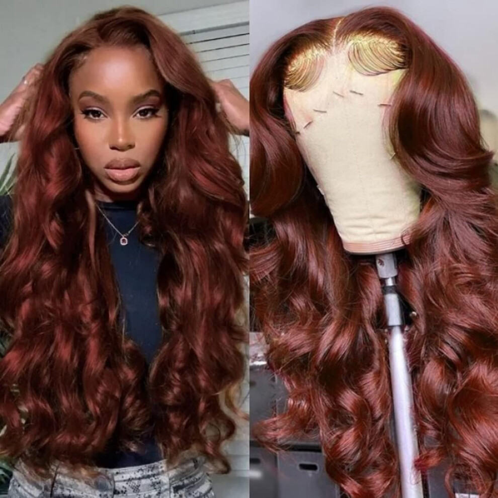Unisex Brown 32 Inch Reddish Human Hair Lace Front Wig Body Wave Brazilian Style Pre Plucked Glueless Natural Hairline 150% Density
