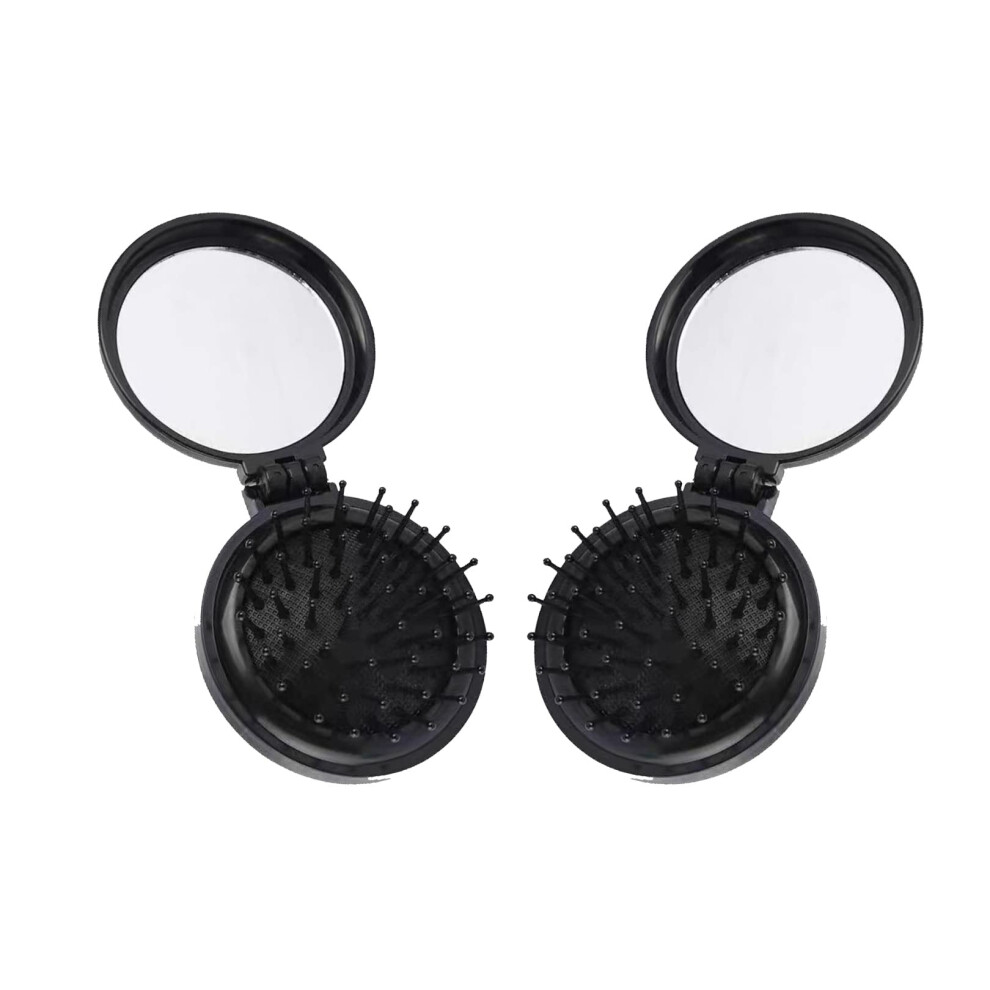 Unisex Black Foldable Hair Brush With Mirror 2Pcs Compact Travel Detangling And Scalp Massage Comb