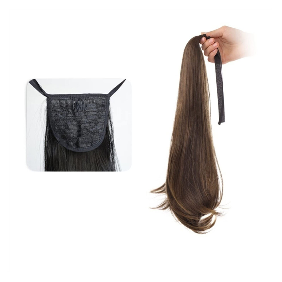 Light Brown Long Straight Synthetic Ponytail Extension, Wrap Around Clip In Hairpiece for Instant Length