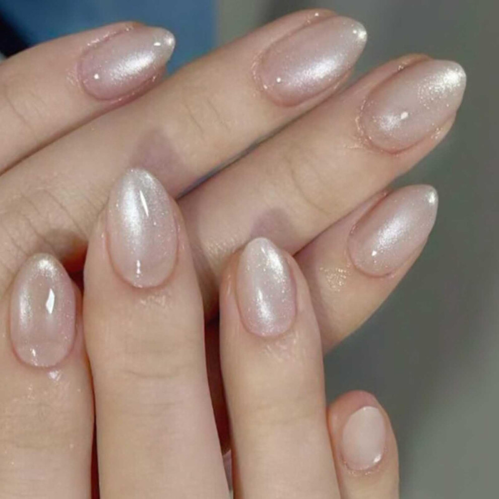 Cream Short Almond Press On Nails Nude Glossy Cat Eye Glitter Fake Nails Salonquality Reusable 24Pcs