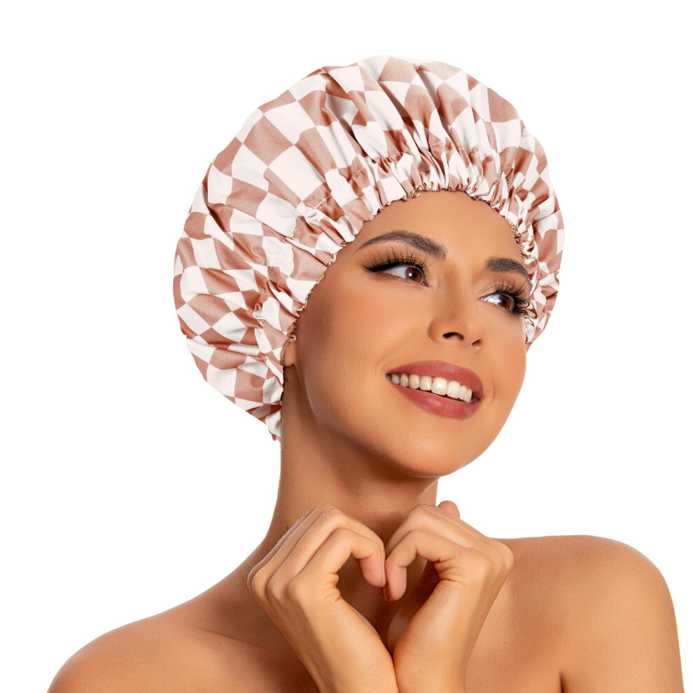 Waterproof DoubleLayer Reusable Shower Cap for Women, Large Luxury Checkered Design for Long Curly Hair