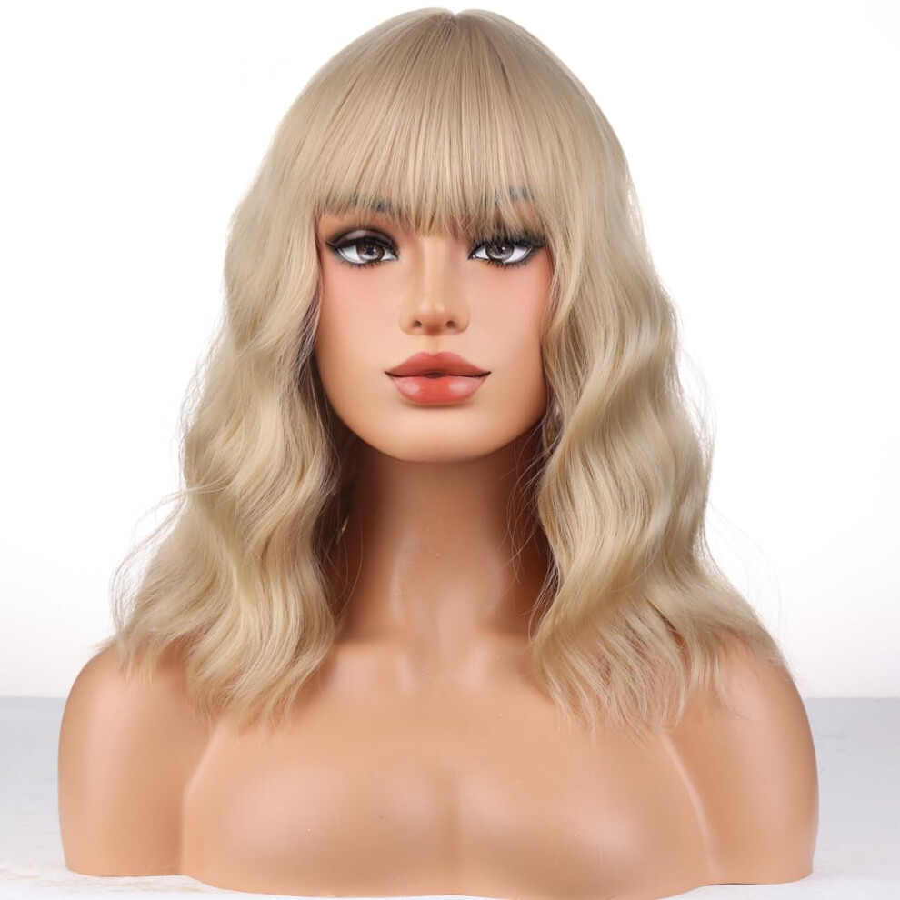 Unisex Ash Blonde Synthetic Wig With Bangs For Women, Short Curly Bob, Heat Resistant Natural Look