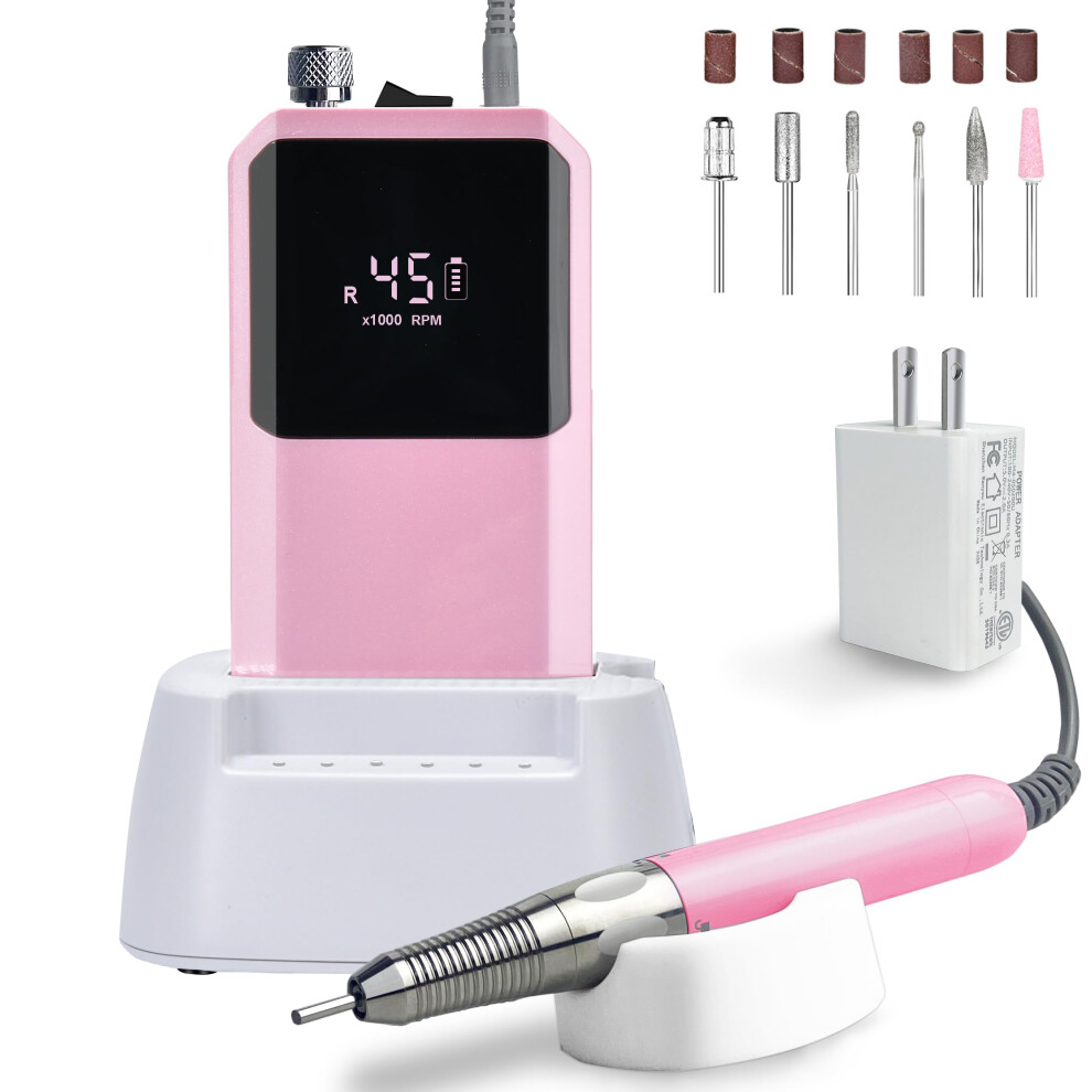Professional Nail Drill 45000 RPM Cordless Brushless Electric File for Acrylic Gel Nails, 1012H Battery, 2in1 Dock, Pink
