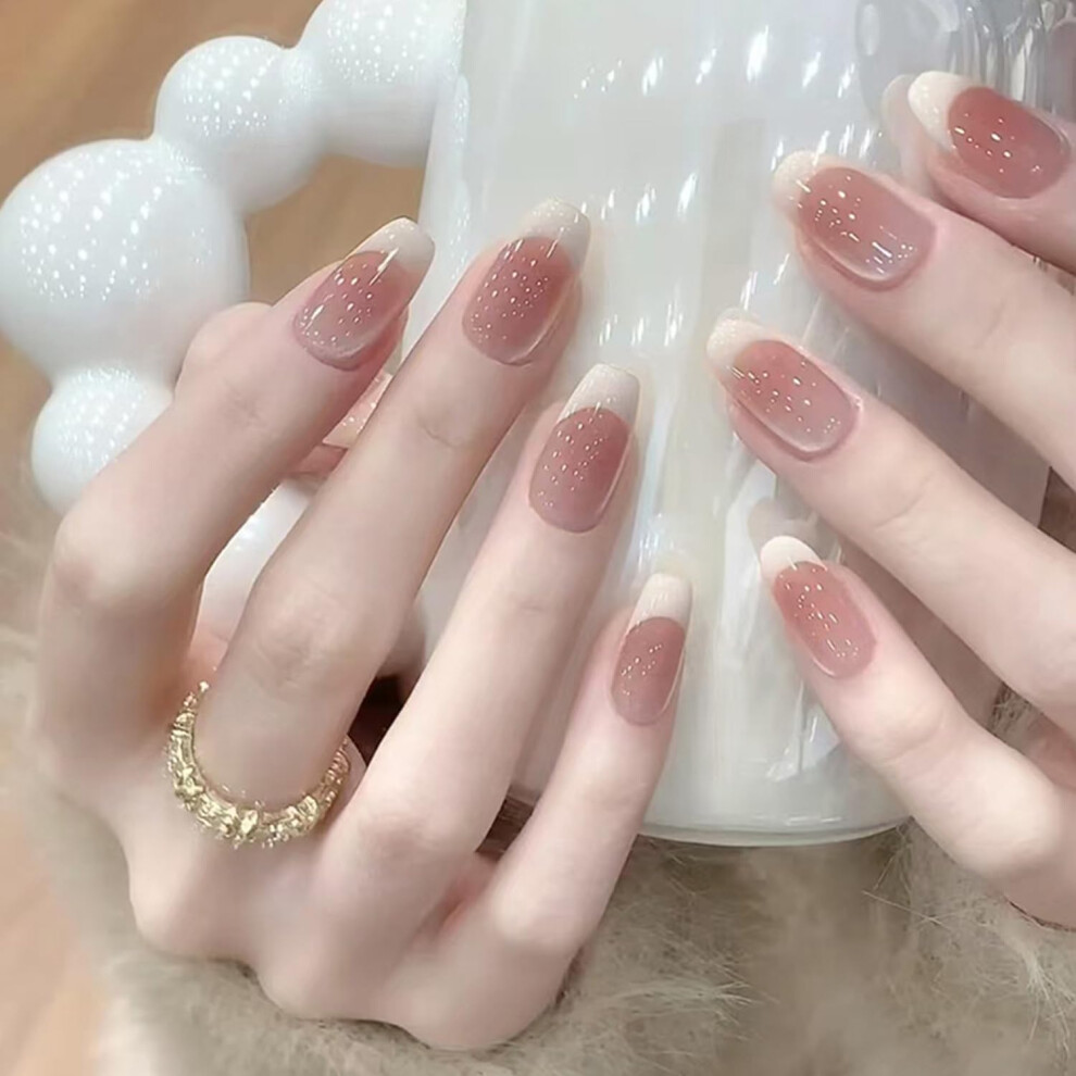 Pink,Cream French Tip Cat Eye Press On Nails Nude Pink Medium Square Acrylic Salonquality Reusable Fake Nails