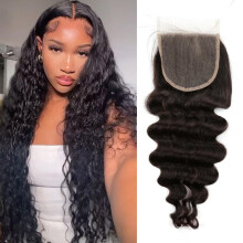 Brazilian Human Hair Lace Closure Loose Deep Wave 4x4 Part 16 Inch with Baby Hair Natural Black