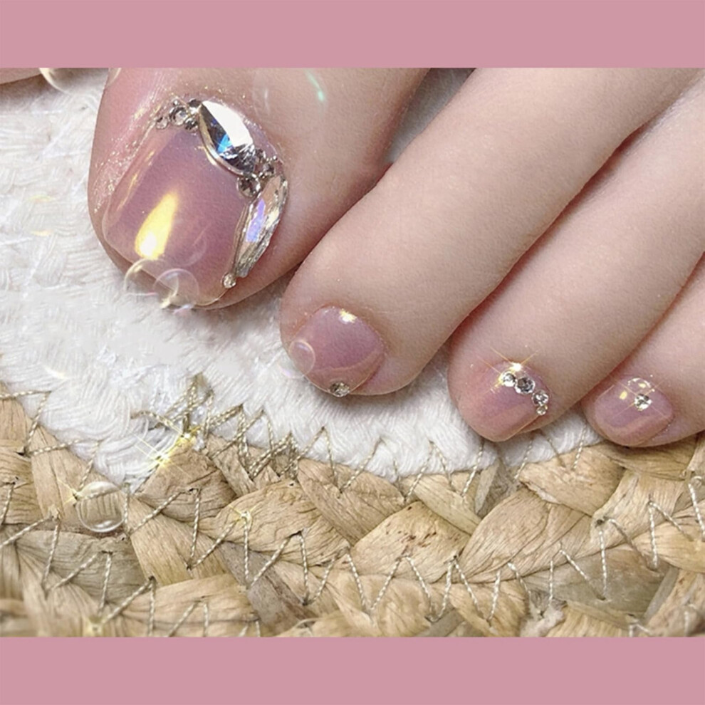 Cream Nude Rhinestone Press On Toenails Square Acrylic Fake Toe Nails Glossy Short Set 24Pcs