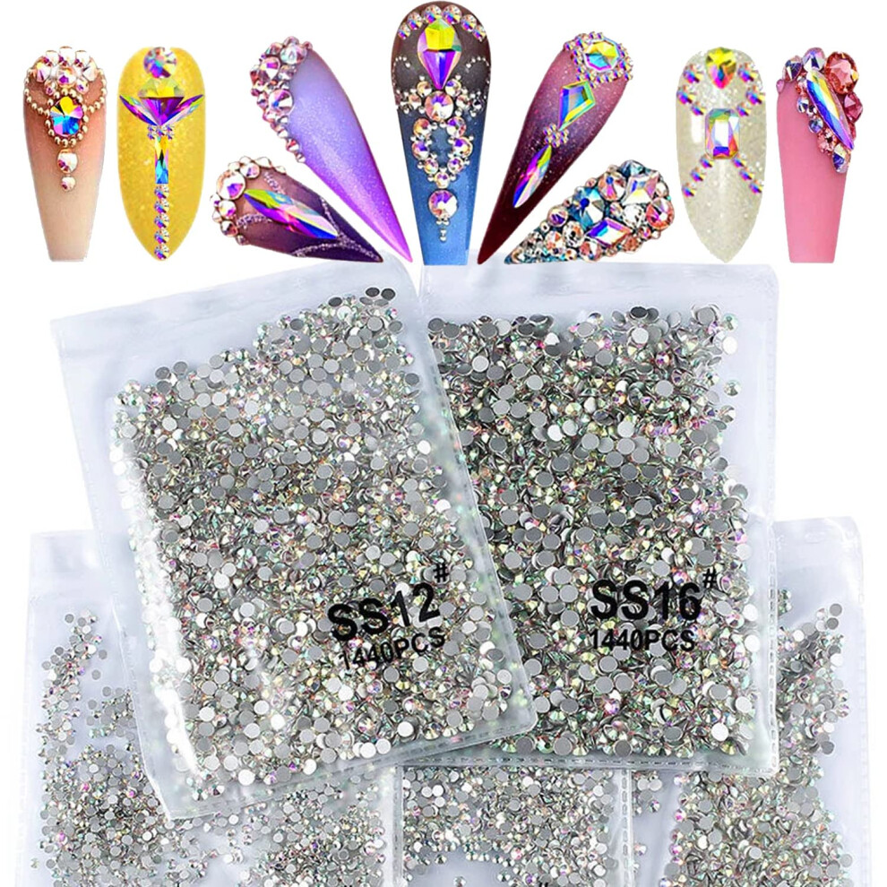 1440 Pcs Nail Art Rhinestones Set 3D Crystal Nail Gems Flatback Round Jewels for DIY Nail Decoration