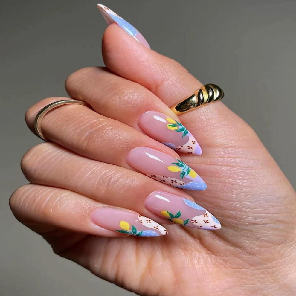 Pink Short Almond Press On Nails With French Floral Design, 24Piece Acrylic Fake Nail Set