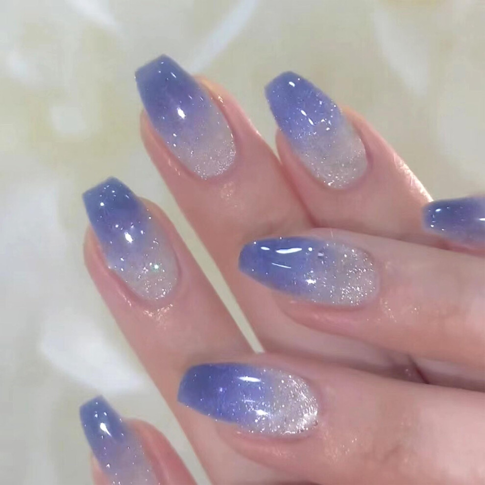 Purple Short Coffin Press On Nails Ombre Glitter Set, Reusable Fake Nails For Women, 24 Pcs