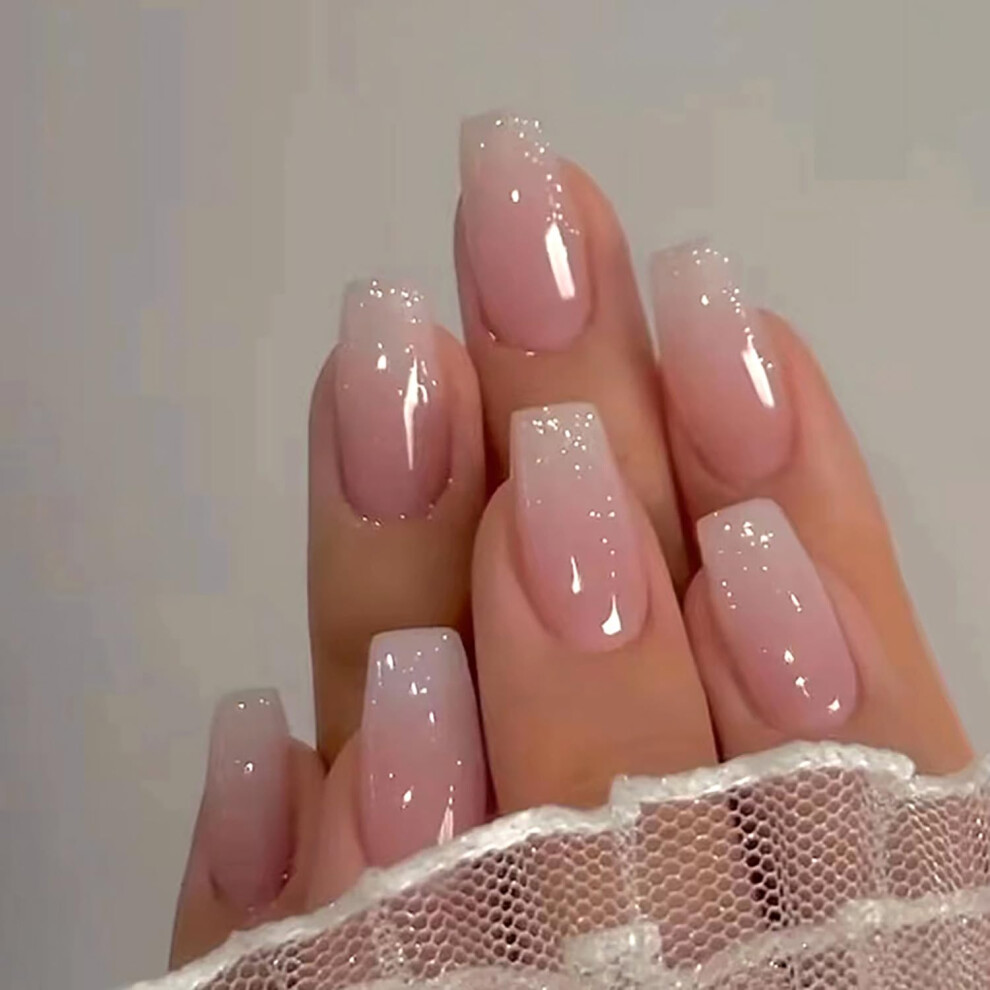 Pink 24Pcs Ombre Coffin Press On Nails Medium Acrylic Glossy Salonquality Reusable Set