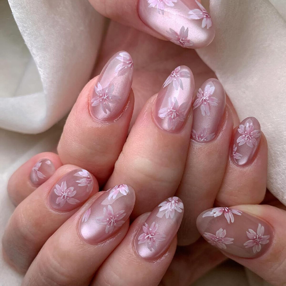 Medium Almond Press On Nails with Peach Floral Design, Reusable Acrylic Fake Nails, 24Pcs