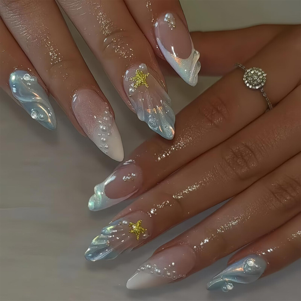 Press On Nails with Glossy Ocean Pearl and 3D Starfish Accents, 24pcs Reusable Set