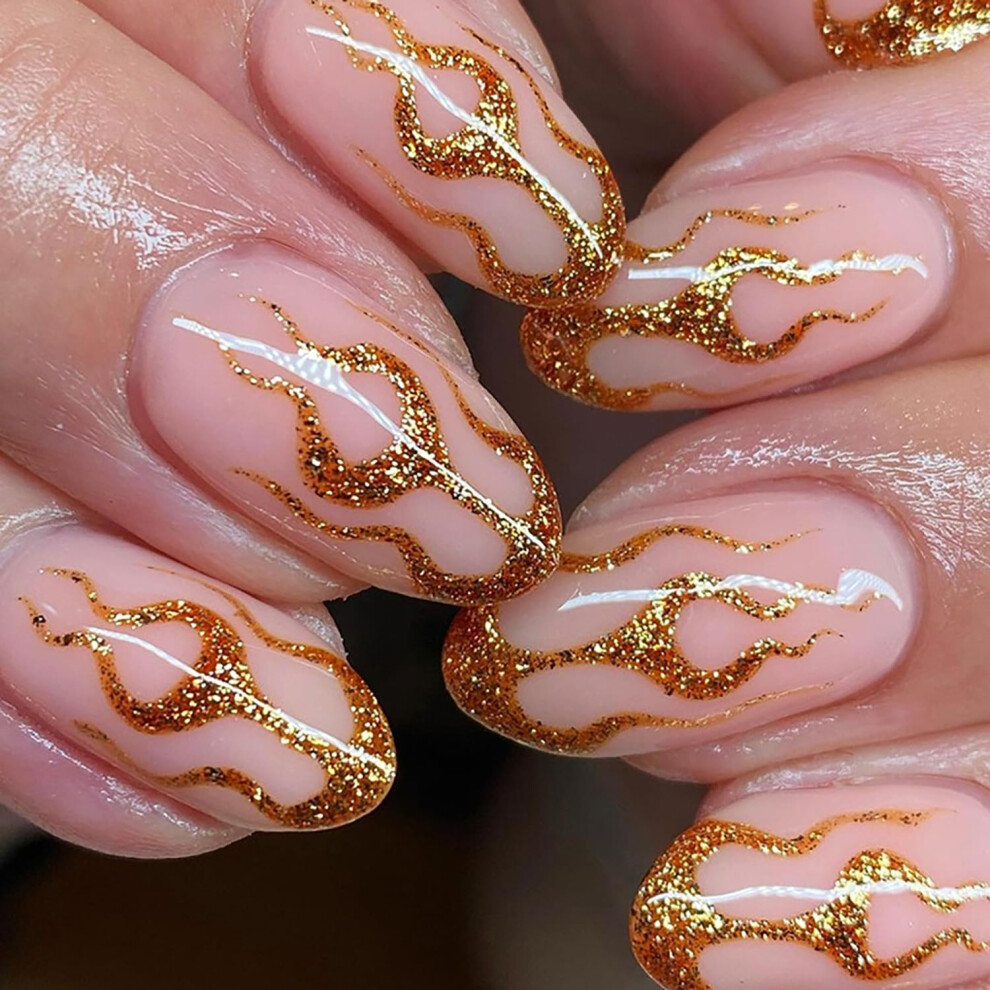 Gold Flame Press On Nails Set 24Pcs Reusable Glossy Coffin And Almond Fake Acrylic Nails For Women