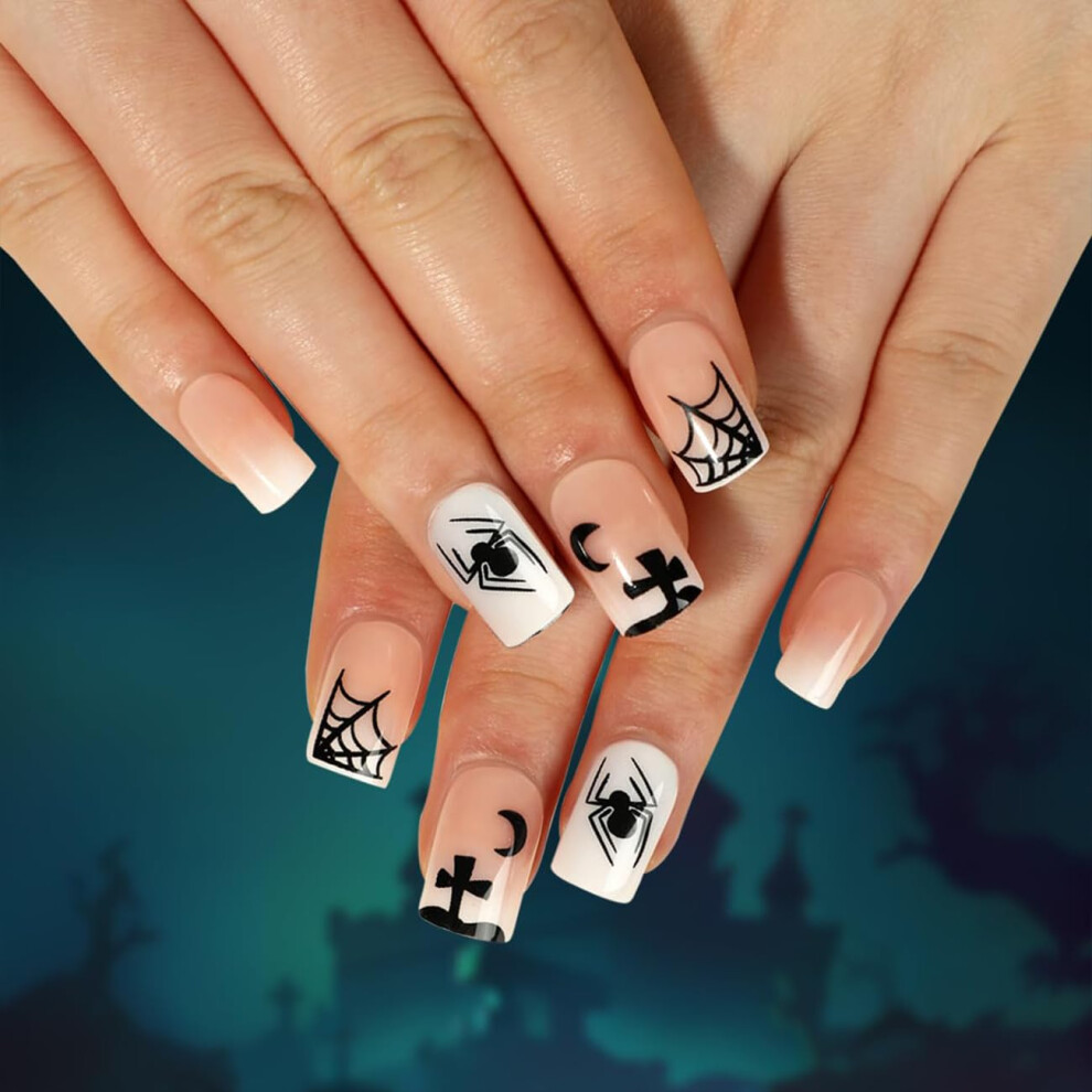 Almond Press on Nails with Glue Black Moon Snake Design Fake Nails for Women 24Pcs Medium Length