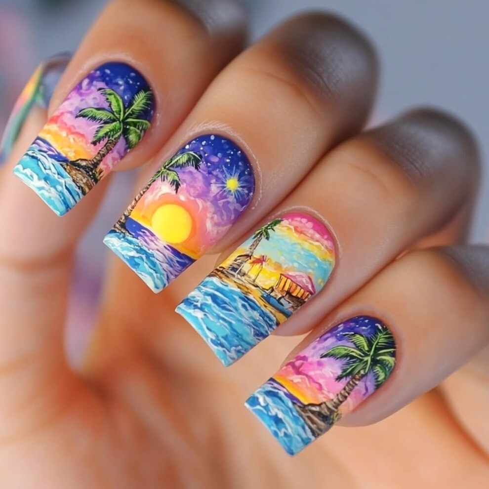 24PCS Reusable Press on Nails for Women Summer Acrylic Fake Nails Sunset Coconut Tree Design Medium Square Glossy Full Cover