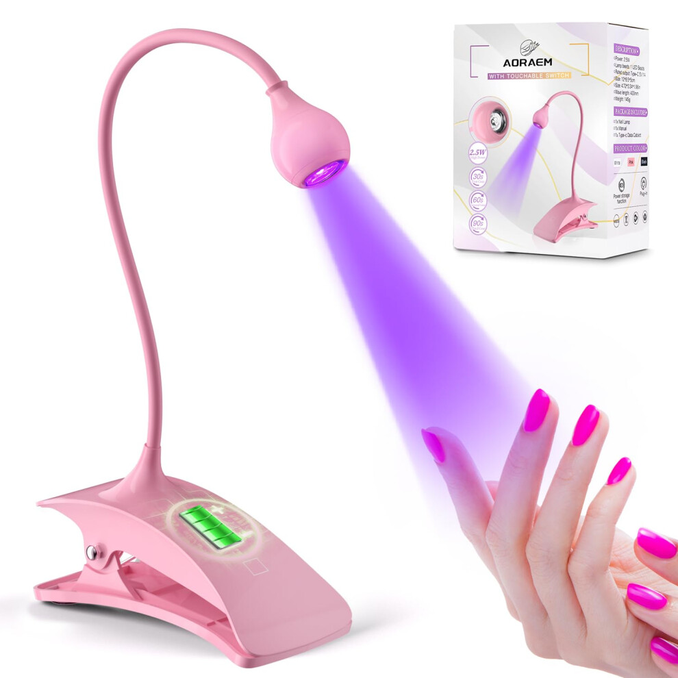Pink Rechargeable Gooseneck Uv Nail Lamp With Clamp For Fast Gel Curing, Adjustable Timer,