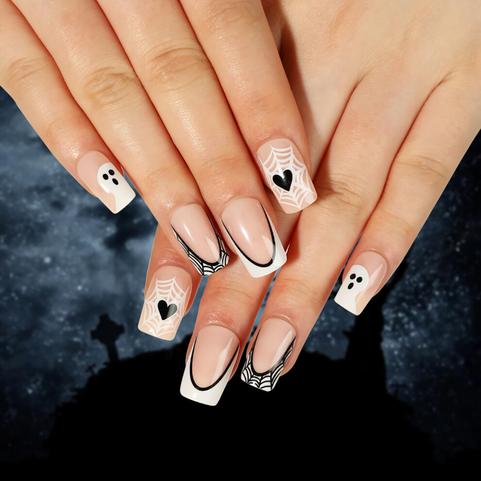 White Halloween Coffin Press On Nails Set, 24Pcs Ghost And Spider Web Acrylic False Nails For Women