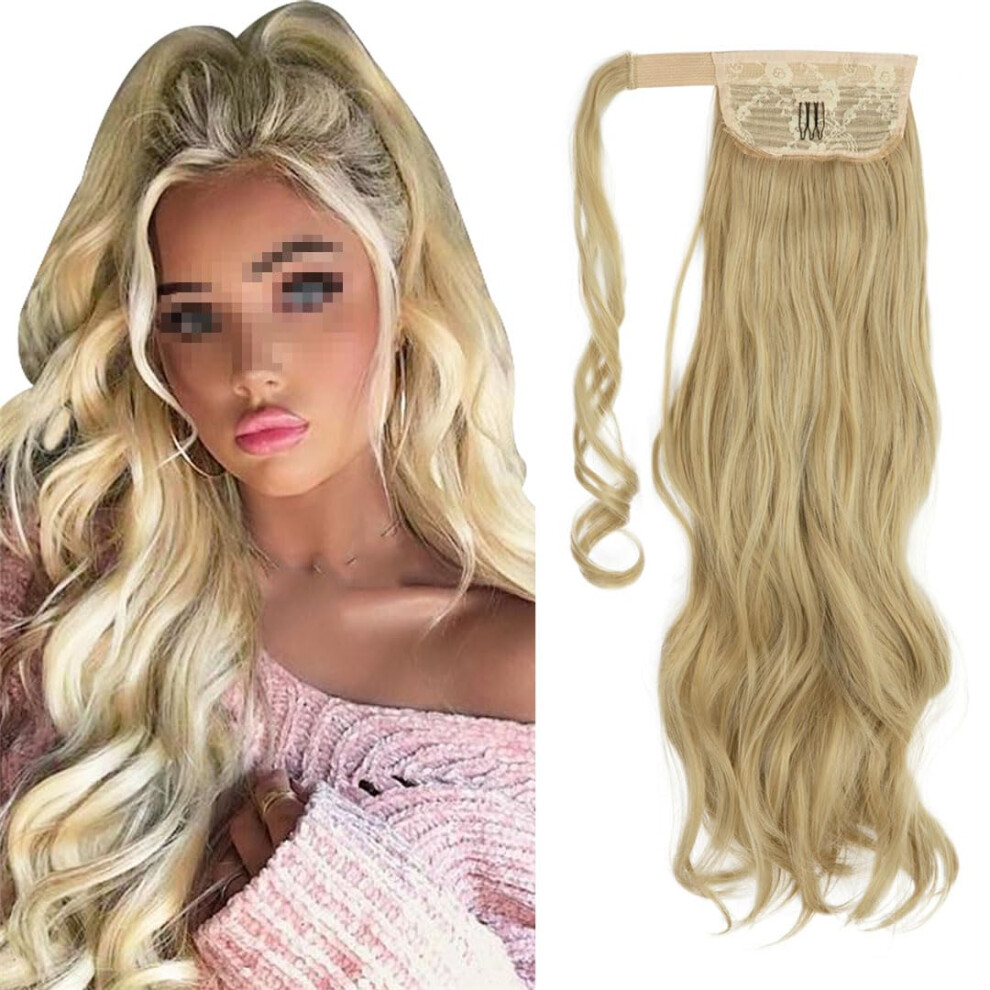 Unisex 18 Inch Blonde Synthetic Clip In Ponytail Extension Color 22 613 Curly Hairpiece With HeatâFriendly Styling