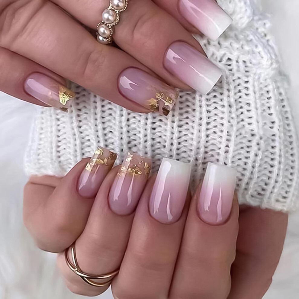 Medium Coffin Press On Nails Set Glossy Ombre Acrylic Fake Nails with Foil Design 24Pcs