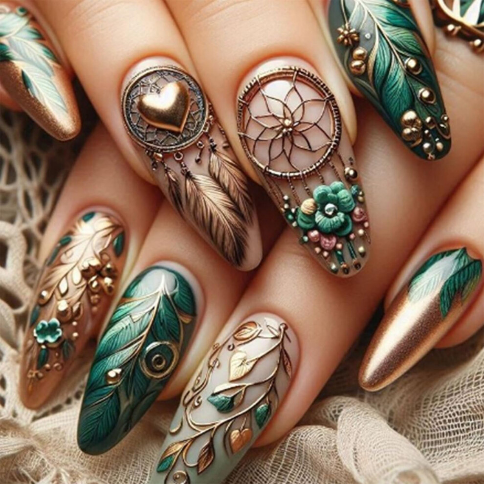 Long Almond Press On Nails with Gold Heart and Flower Design, Reusable Acrylic False Nails