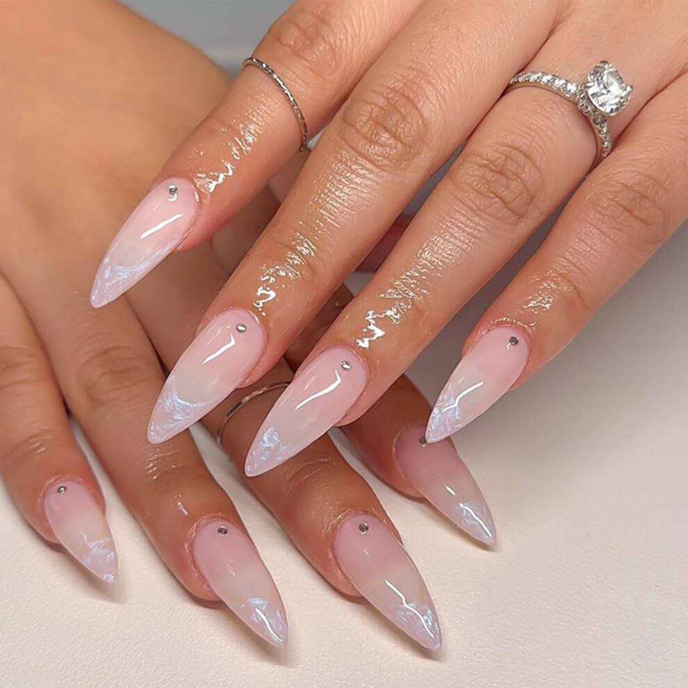 Cream Almond Shaped Press On Nails Nude Glossy Fake Nails With Rhinestones Reusable Stick On Nails For Women