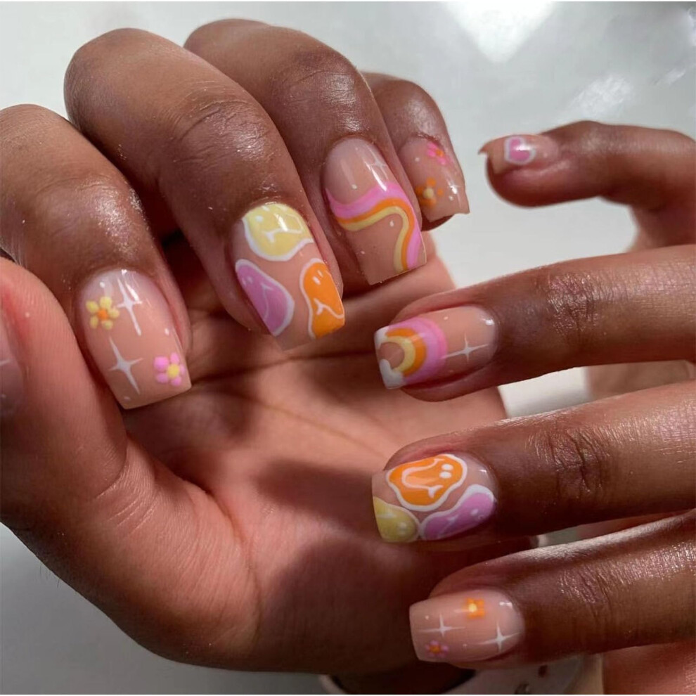 Square Pink Smiley Face Press On Nails with Flower Star Design, Reusable Fake Acrylic Nails for Women