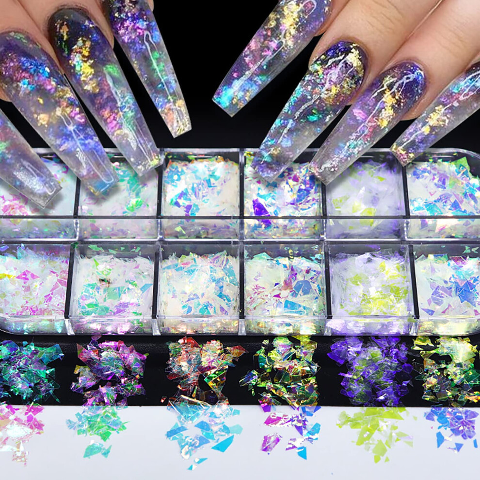 Mermaid Nail Art Glitter Sequins Set with Holographic Mermaid Effect, 12Grid Colorful DIY Decorations