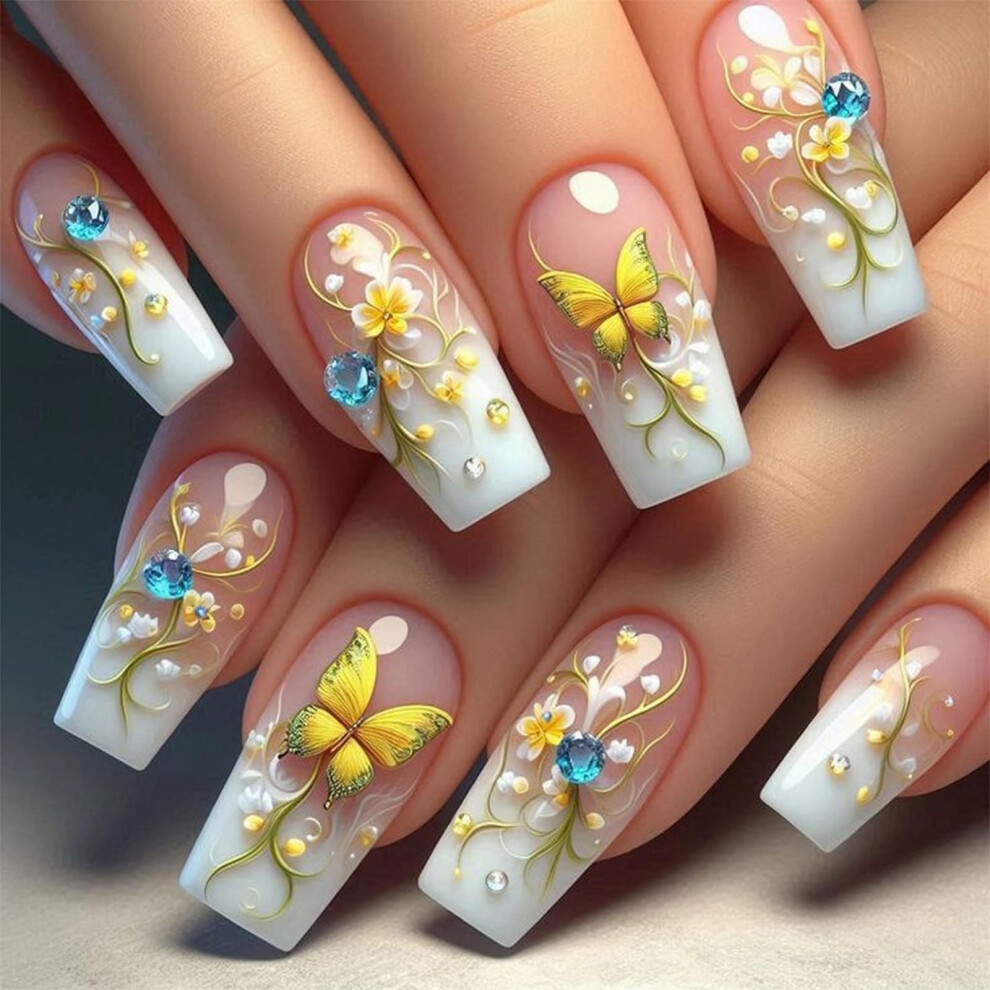 Cream Long Square Nude Ombre Butterfly Press On Nails Acrylic Fake Nails 24Pcs Salon Style Set