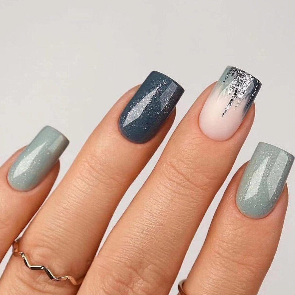 Green Mint French Tip Press On Nails With Glitter, Medium Fake Acrylic Set Salon Ready 24Pcs