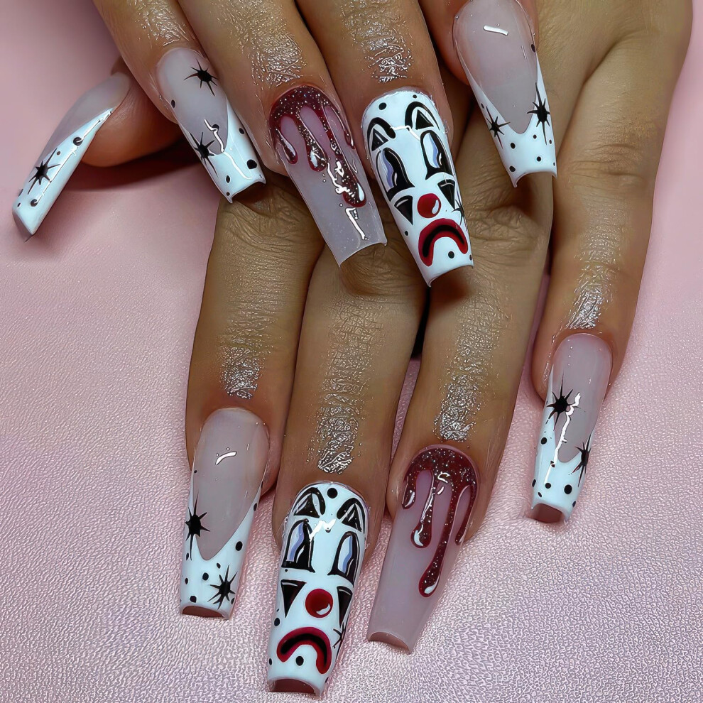 Halloween Press On Nails Long Coffin White French Tip Acrylic Gothic Clown Blood Design 24 Pcs