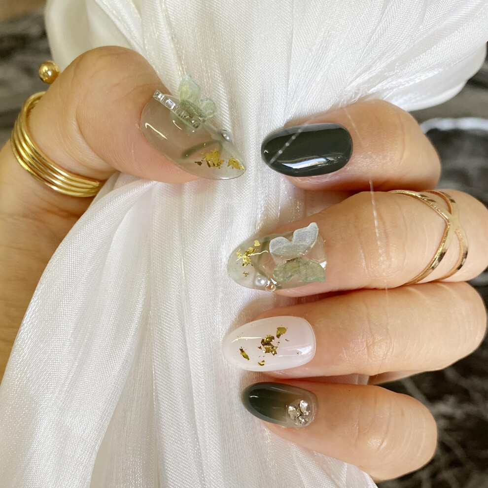 Handmade Butterfly Press on Nails Light Green Flower Gel Fake Nails Medium Oval Salon Quality