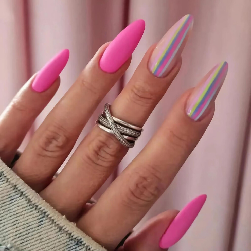 Pink Hot Press On Nails Medium Almond Fake Nails 24Pcs Matte Stiletto Acrylic Nails Salonstyle Finish