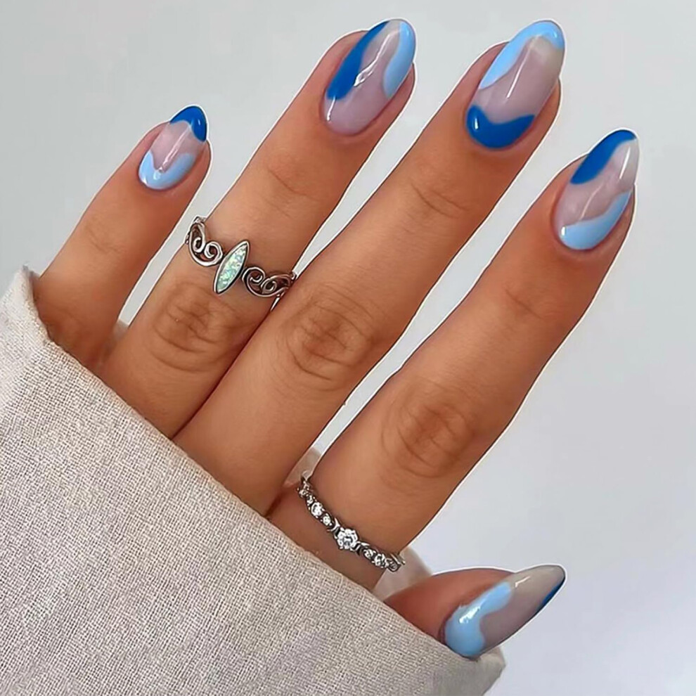 Blue Press On Nails Medium Glossy Swirl Design Acrylic Fake Nails Set For Women 24Pcs