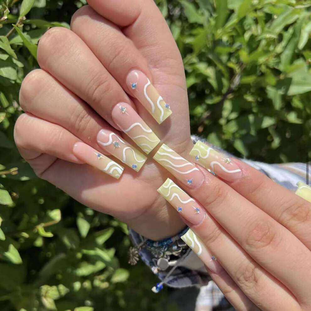 Green Long Coffin Press On Nails With Glue Â Swirl French Tip Fake Nails With Rhinestones, 24Pcs Set