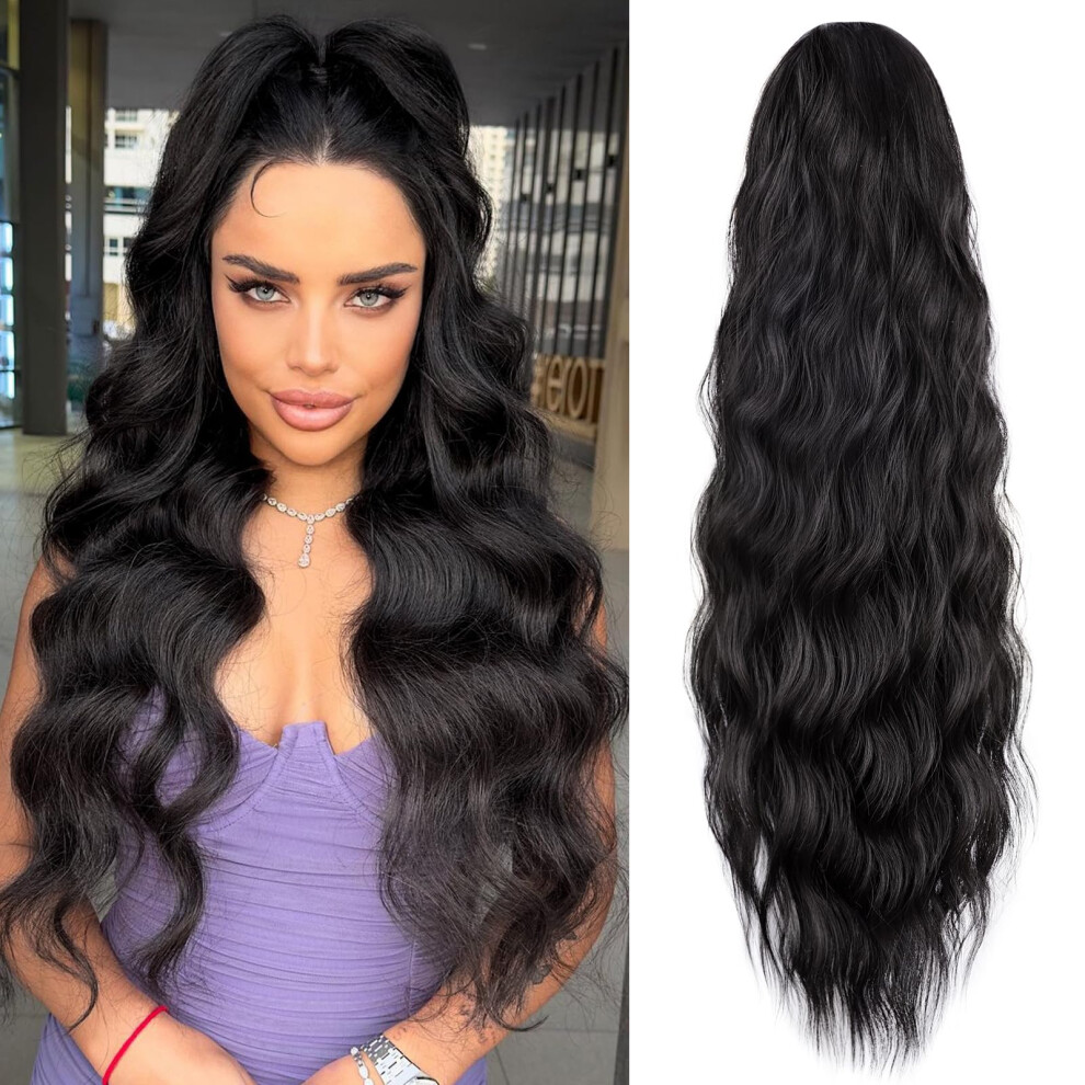 Unisex Black,Brown 26 Inch Wavy Drawstring Ponytail Extension Brown Black Heat Resistant Hairpiece For Instant Volume