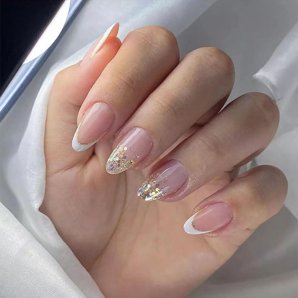 Short French Tip Press On Nails Set with Gold Shimmer, White Almond Fake Nails with Glue, 24PCS