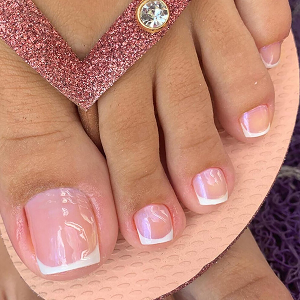 Pink French Tip Press On Toenails Kit with Glue, Glossy Nude Fake Toenails for Women, Custom Fit Sizes