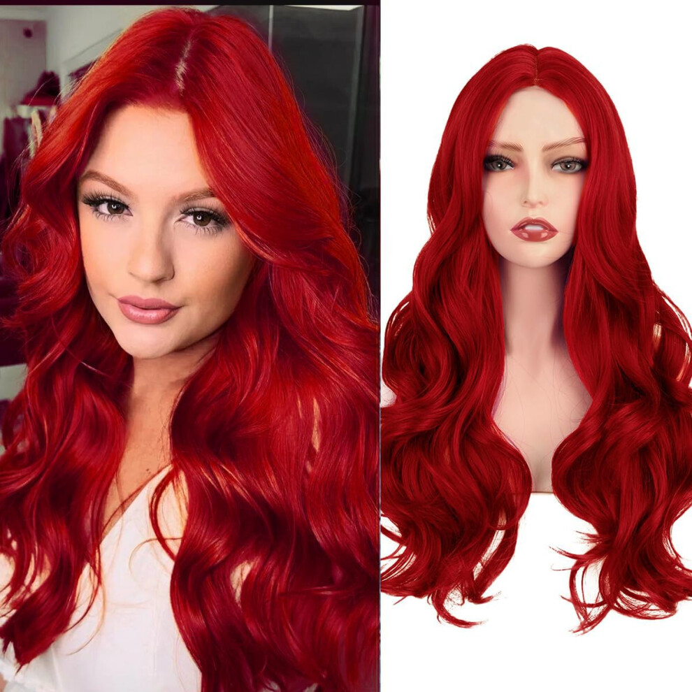 Unisex Red Long Wavy Wig For Women 26 Inch Natural Looking Heat Resistant Synthetic Hair Middle Part