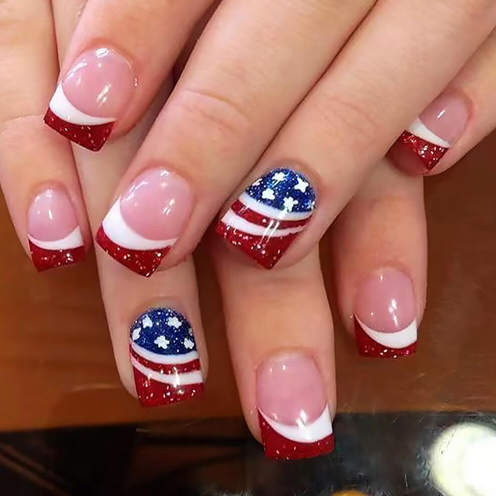 Blue,White,Red Press On Nails Patriotic July 4Th Red White Blue Short Square Acrylic False Nails With Glue