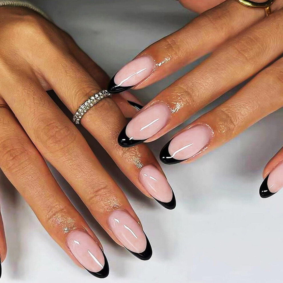 24pcs French Tip Almond Shape Press On Nails Full Cover Glue Reusable Nail Tips for Women