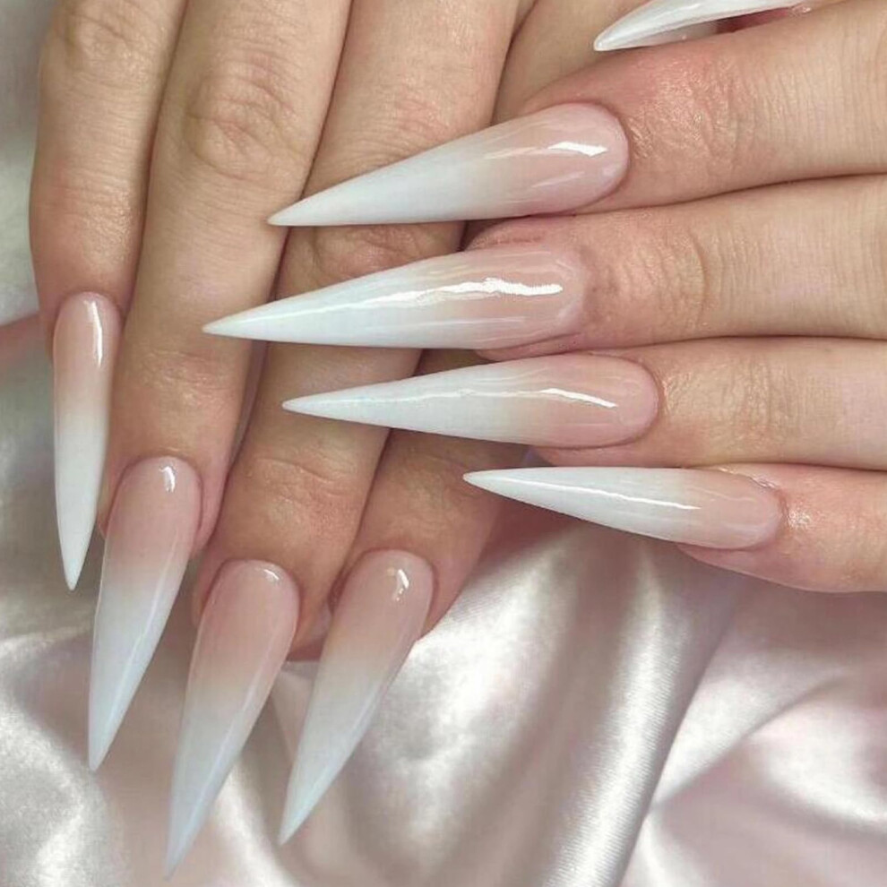 Cream Long Stiletto Press On Nails Nude Ombre Set 24 Pcs, Acrylic Nude Gradient For Instant Salon Look