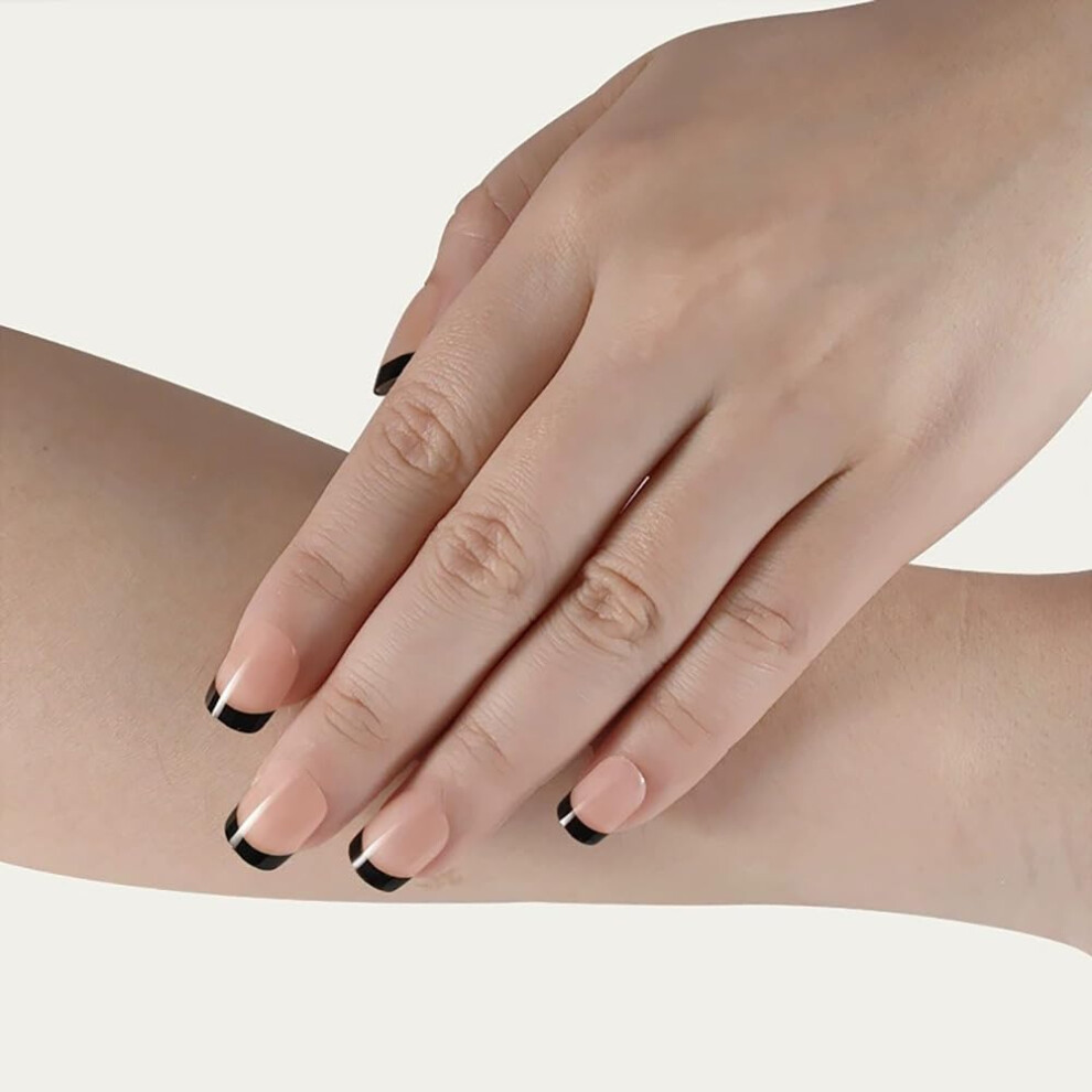 Short Square French Tip Press On Nails Nude and Black, Glossy Soft Gel Reusable Fake Nail Set 24Pcs