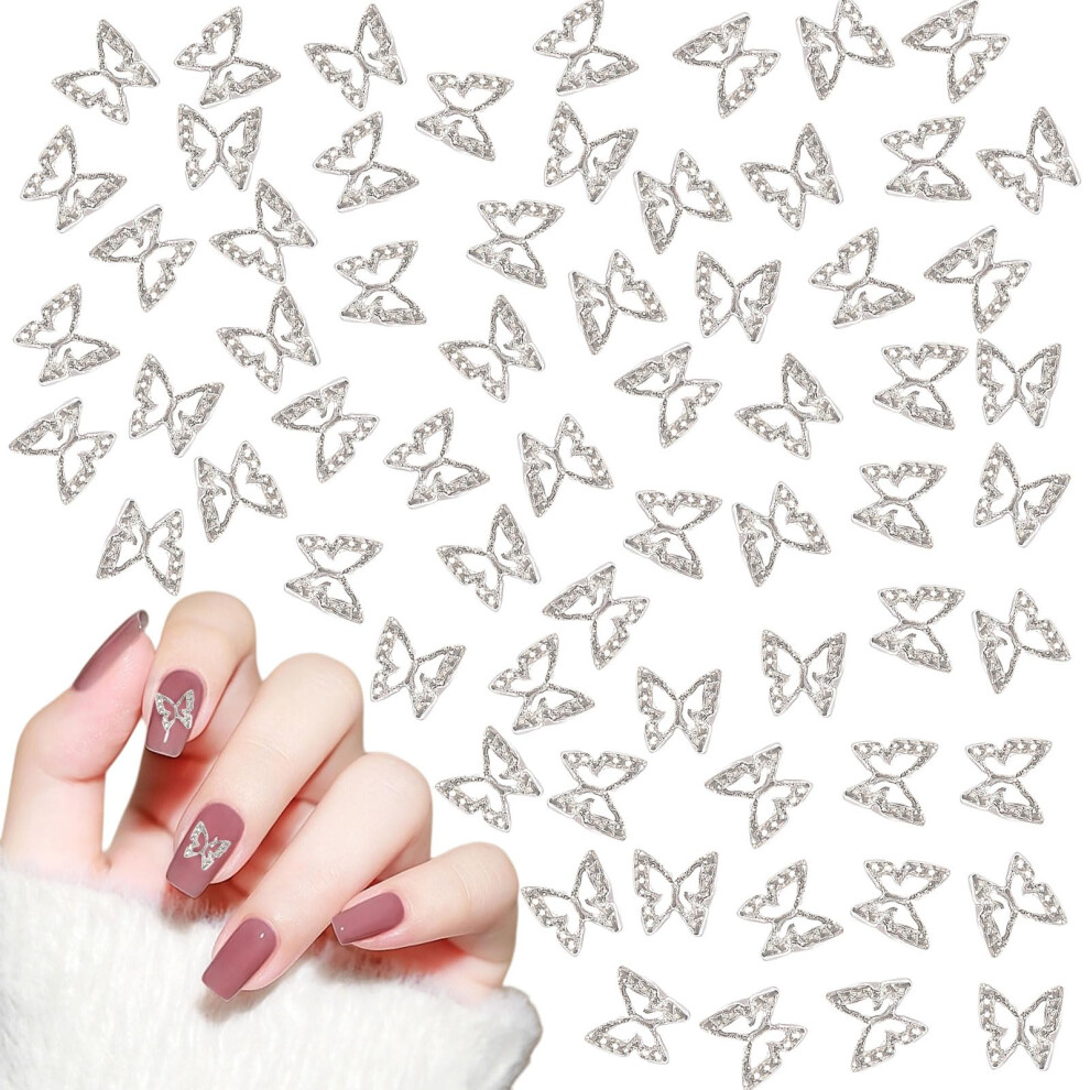 Silver Butterfly Nail Charms 100 Pcs 3D Nail Art Decorations Metallic Alloy Gems For Acrylic Nails