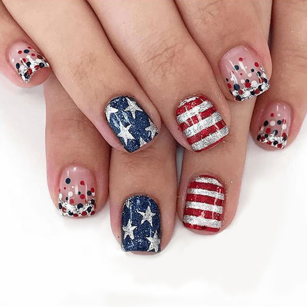 Independence Day Nails with Patriotic Flag Designs, USA Acrylic Press On Set, 12 Sizes, Glue On