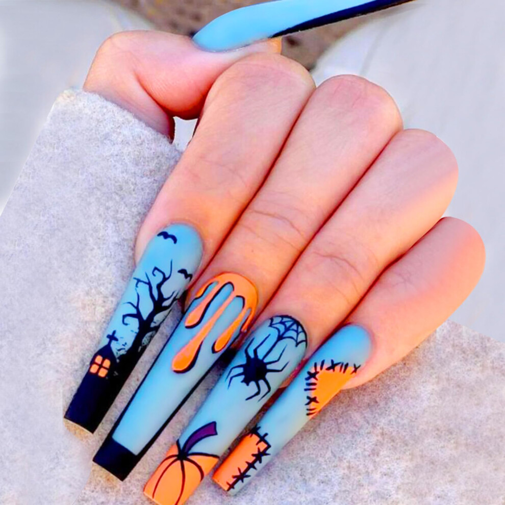 Blue Halloween Press On Nails Long Coffin Shape With Pumpkin Design Full Cover Fake Nails With Glue