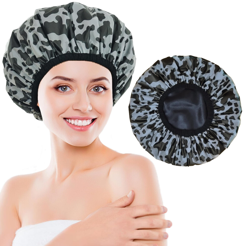 Luxury Silk Lined Waterproof Shower Cap for Women with Satin Lining, Adjustable Fit, Cow Stripes