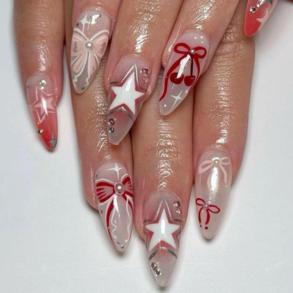 Medium Almond Press On Nails with Rhinestones Glossy Full Cover Fake Nails Star Design 24pcs