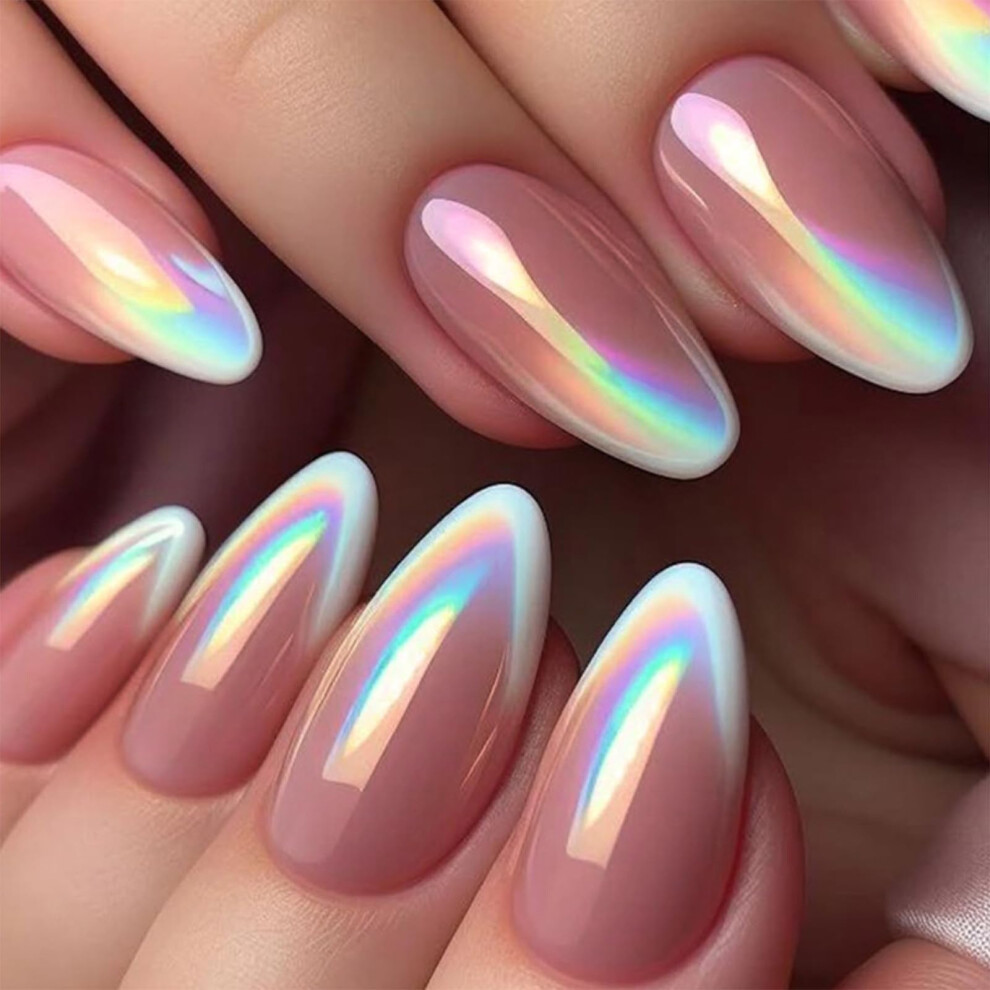 Medium Almond Press On Nails White French Tip Fake Nails Ombre Acrylic Glue On Set 24pcs